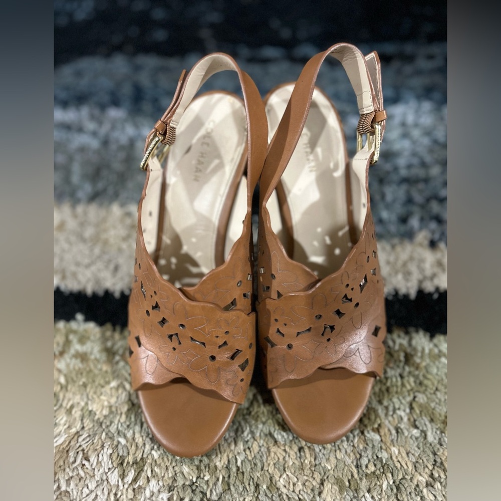 Cole Haan Indra High Floral Laser Cut Sandals in brown leather